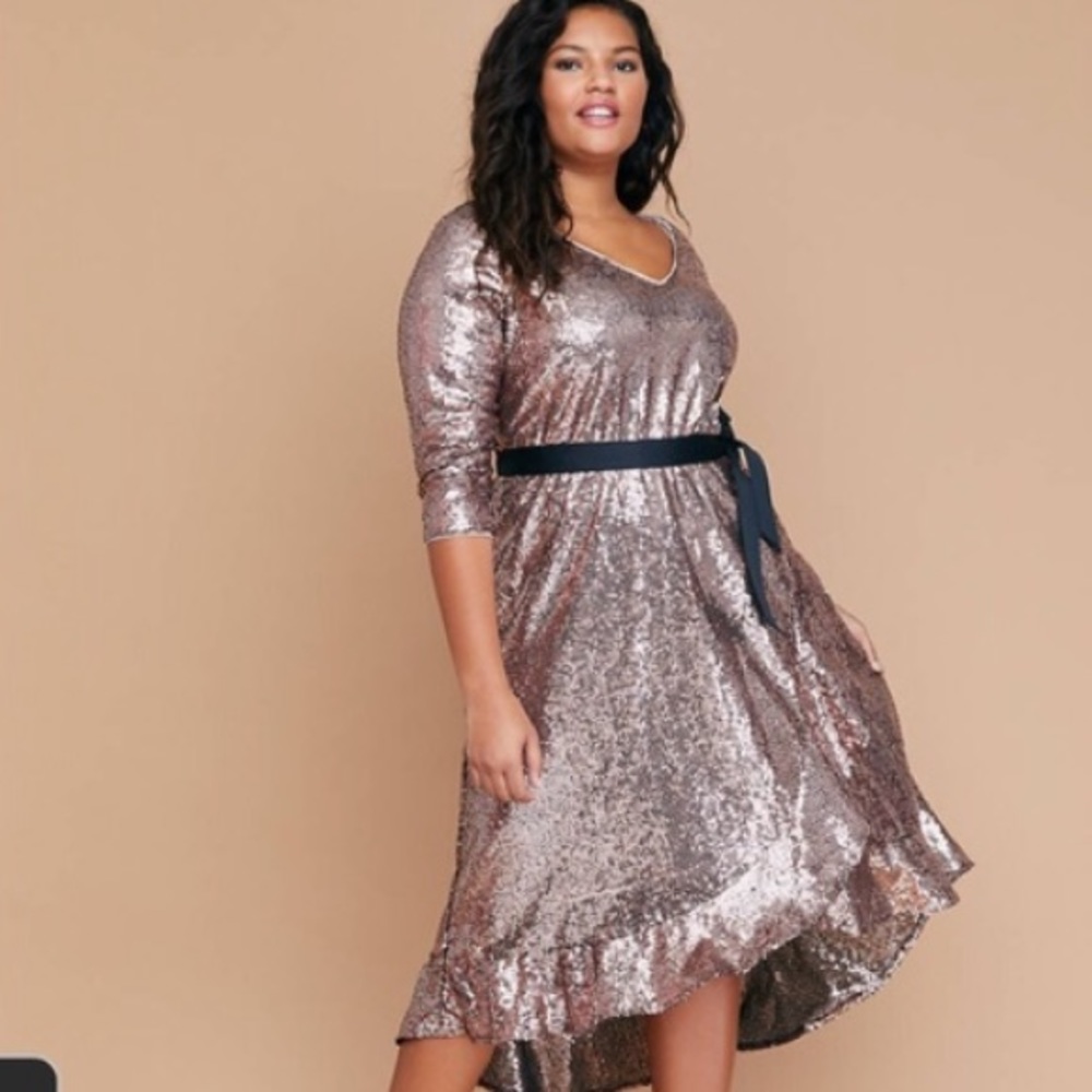 Rose Gold Sequin Fit & Flare Faux-Wrap Dress NWT